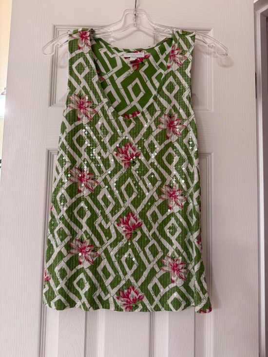 Charter Club Tops - Charter Club Green and White Geometric Floral Sequin Tank